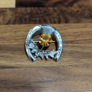 Mizpah golden orange thistle silver tone brooch pin horseshoe